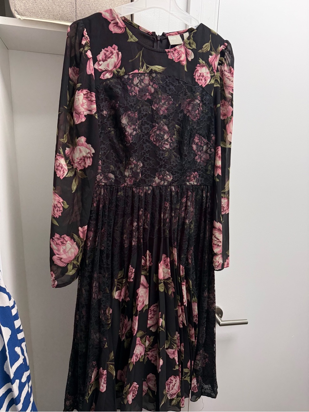 ASOS DESIGN Pink Rose Floral Lace Insert Pleated Midi Dress - Size 10 US/UK 14